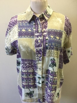 Womens, Blouse, CASCADE BLUES, Cream, Lt Brown, Purple, Lt Olive Grn, Green, Cotton, Polyester, Floral, Color Blocking, B:44, Khaki with White, Purple/blue/green Floral Abstract Block Print, Collar Attached, Button Front, Short Sleeves,