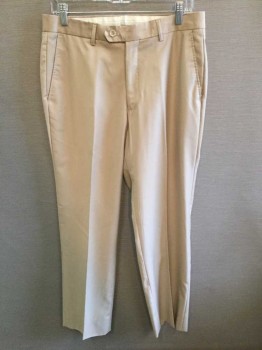CARLO LUSSO, Tan Brown, Polyester, Solid, Flat Front, Button Tab Waist, Zip Fly, Straight Leg