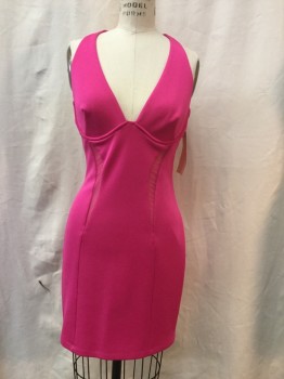 BEBE, Fuchsia Pink, Polyester, Spandex, Solid, Heavy Knit, Plunging V-neck, Body Contour, Back Zipper, Mini, Sheer Mesh Panel Inserts