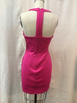 BEBE, Fuchsia Pink, Polyester, Spandex, Solid, Heavy Knit, Plunging V-neck, Body Contour, Back Zipper, Mini, Sheer Mesh Panel Inserts
