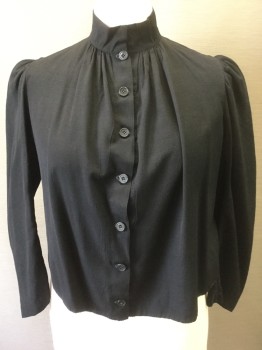N/L, Black, Cotton, Solid, Solid Black, 3/4 Sleeve, Button Front, Stand Collar, Puffy Sleeves Gathered at Shoulders, Lined with Caramel and Cream Calico Fabric, Single Vertical Pleat at Center Back,