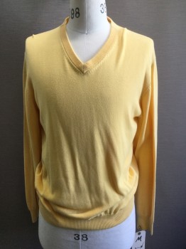 Mens, Pullover Sweater, J PRESS, Lemon Yellow, Cotton, Solid, M, V-neck, Long Sleeves,