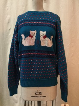 Womens, Pullover, JENNIFER ADAMS, Teal Blue, Red, White, Navy Blue, Wool, Synthetic, Novelty Pattern, L, Teal Blue/red/navy/white Novelty Print Cat Appliqué, Crew Neck, Long Sleeves,