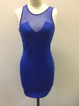 L'ATISTE, Royal Blue, Polyester, Spandex, Solid, Club Dress: Sheer Net at Shoulders/Upper Chest, Sleeveless, Round Neck, Geometric Panels Throughout, Sheer Net Triangular Panels at Sides, Lower Back, Hem Above Knee
