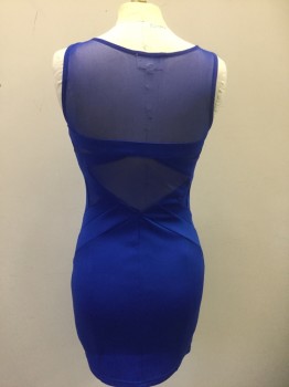 L'ATISTE, Royal Blue, Polyester, Spandex, Solid, Club Dress: Sheer Net at Shoulders/Upper Chest, Sleeveless, Round Neck, Geometric Panels Throughout, Sheer Net Triangular Panels at Sides, Lower Back, Hem Above Knee