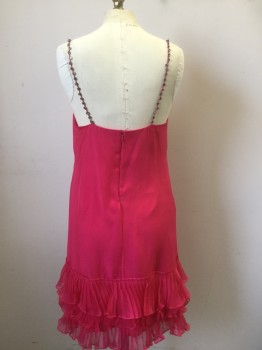 REBECCA TAYLOR, Hot Pink, Silk, Solid, Silk Chiffon Over Silk Slip, V-neck, Pleated at Center Bust, Spaghetti Straps with Rhinestones, 3 Pleated Ruffle Layer Hem, Zip Back