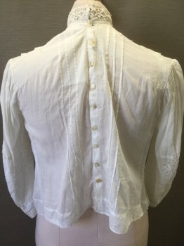 N/L, White, Cotton, Solid, Floral, 3/4 Sleeve, Buttons at Center Back, Crochet Lace High Collar, Column/Panel of Eyelet Floral with Dot/Holes Pattern at Center Front, with 1/2 Pintucks at Either Side at Shoulders, **Mended in Many Spots,