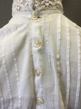N/L, White, Cotton, Solid, Floral, 3/4 Sleeve, Buttons at Center Back, Crochet Lace High Collar, Column/Panel of Eyelet Floral with Dot/Holes Pattern at Center Front, with 1/2 Pintucks at Either Side at Shoulders, **Mended in Many Spots,