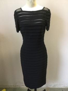 NL, Black, Polyester, Spandex, Stripes, Ballet Neck, Short Sleeves, Knife Pleats Throughout with Netting on Bodice, Back Zipper