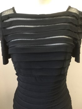 NL, Black, Polyester, Spandex, Stripes, Ballet Neck, Short Sleeves, Knife Pleats Throughout with Netting on Bodice, Back Zipper
