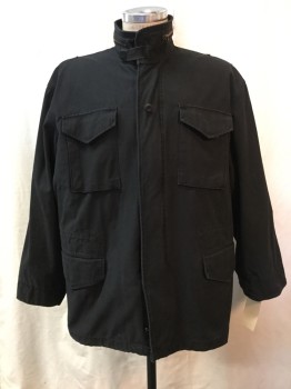 Mens, Casual Jacket, NO LABEL, Black, Poly/Cotton, Nylon, Solid, L, Black, Snap & Zip Front, Zip Collar Attached with Hood Inside, 4 Pockets, Drawstring Waist,