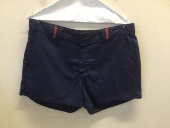 Mens, Shorts, ROBERT BRUCE, Navy Blue, Red, Poly/Cotton, Solid, W34, Late 70's Early 80's Mens Shorts, Zip Fly, 3 Pockets, Navy & Red Stripe Belt Loops
