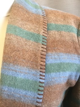 CASUAL CORNER, Brown, Dusty Green, Blue, Acrylic, Wool, Stripes - Horizontal , 2 Buttons,  Shawl Lapel with Blanket Edge Stitch, 2 Welt Pockets