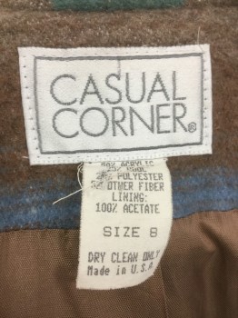 CASUAL CORNER, Brown, Dusty Green, Blue, Acrylic, Wool, Stripes - Horizontal , 2 Buttons,  Shawl Lapel with Blanket Edge Stitch, 2 Welt Pockets