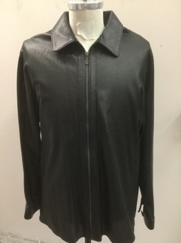Mens, Leather Jacket, BOD & CHRISTENSEN, Black, Leather, Solid, 40, Black Punch Out Leather, Collar Attached, Zip Front,