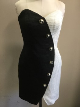 Womens, Cocktail Dress, AFTER 5, Ivory White, Black, Acetate, Acrylic, Color Blocking, W30, B38, H38, Strapless, Texture of Triangles, Half Black - Half White, Center Back Zipper, 6 Black and White Buttons in Curve
