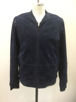 Mens, Leather Jacket, BLANKNYC, Navy Blue, Suede, Cotton, Solid, L, Dark Navy Suede with Rib Knit at Neck, Cuffs and Waistband, Zip Front, 2 Welt Pockets, Black Lining