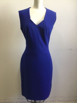 Womens, Dress, Sleeveless, BOSS, Royal Blue, Viscose, Cotton, Solid, S, Angled Square and V Shape Neckline, Curved Princess Seams, Knee Length, Invisible Zipper at Center Back
