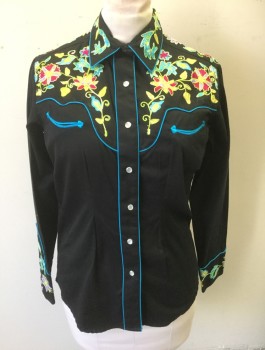 Womens, Western Shirt, ROCKMOUNT RANCH, Black, Multi-color, Cotton, Solid, Floral, B40, M, W36, Twill, Neon Colorful Floral Embroidery at Western Yoke, Long Sleeves, Snap Front, Collar Attached, Turquoise Piping Trim, 2 Curved Welt Pockets