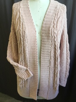 LIZ CLAIRBORNE, Lt Pink, Polyester, Cable Knit, Ribbed Open Front Trim, Long Sleeves Cuffs and Hem