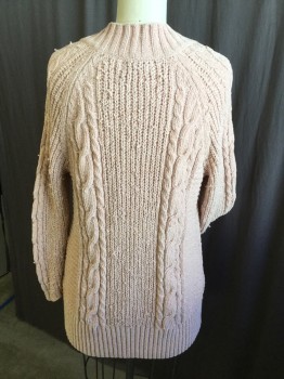 LIZ CLAIRBORNE, Lt Pink, Polyester, Cable Knit, Ribbed Open Front Trim, Long Sleeves Cuffs and Hem