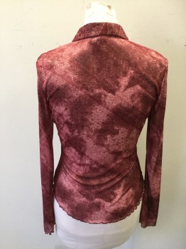 Womens, Blouse, BEBE, Dk Red, Polyester, L, Dark Red with White Diagonal Floral Pattern, Sheer, Button Front, CA, L/S, Lettuce Edge Hem (except Right Sleeve Has Come Undone)