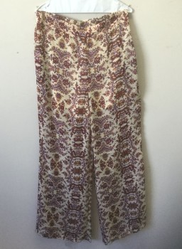 LIKE MYNDED, Ecru, Brick Red, Purple, Mustard Yellow, Polyester, Floral, Abstract , Ecru with Brick, Purple and Mustard Floral/Swirl Pattern Chiffon, Wide Leg Palazzo Pants, 1.5" Wide Self Waistband with Elastic Waist in Back, Side Pockets