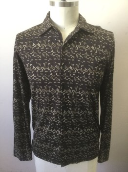 KENNETH COLE, Black, Nylon, Geometric, with Busy Dark Brown and Beige Tiny Slanted Rectangles Pattern, Long Sleeve Button Front, Collar Attached, Has a Double,