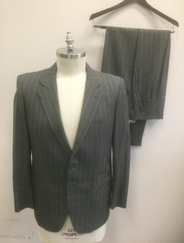 Mens, 1990s Vintage, Suit, Jacket, CERRUTI, Gray, Beige, Wool, Stripes - Vertical , 33/30, 42R, SB. NL. 2 Btns, 3 Welt Pckts