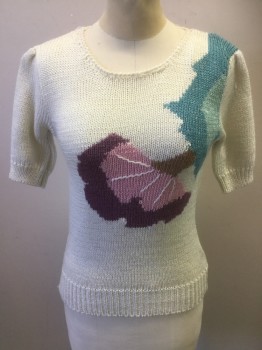 Womens, Sweater, CHRISTINE, Ivory White, Rayon, Acrylic, Abstract , Floral, M, Short Sleeves, Pullover, with Teal, Auqa and Pink Flower Along Bust,