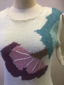 Womens, Sweater, CHRISTINE, Ivory White, Rayon, Acrylic, Abstract , Floral, M, Short Sleeves, Pullover, with Teal, Auqa and Pink Flower Along Bust,