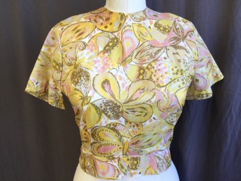 FOX 66, Yellow, Blush Pink, Brown, Off White, Lt Gray, Silk, Floral, Abstract , Crew Neck, Button Back, 2.5" Waistband with Overlap Split Center Front, Short Sleeves,