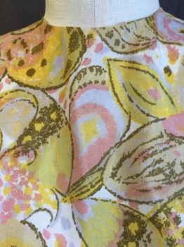 FOX 66, Yellow, Blush Pink, Brown, Off White, Lt Gray, Silk, Floral, Abstract , Crew Neck, Button Back, 2.5" Waistband with Overlap Split Center Front, Short Sleeves,