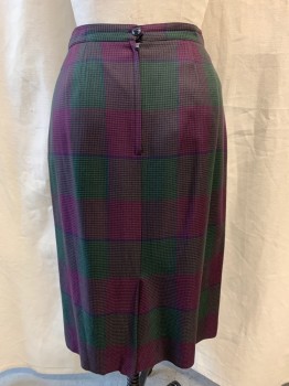 LE SUIT, Plum Purple, Green, Black, Rayon, Polyester, Houndstooth, Plaid, Pleated Front, Zip Back, Hem Below Knee