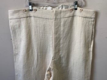 DARCY, Cream, Linen, Herringbone, Solid, Flat Front, Button Fly, 2 Side Pockets, Suspender Buttons at Outside Waist, Self Belt at Back Waist, Reproduction