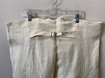 Mens, 1920s Vintage, Suit, Pants, DARCY, Cream, Linen, Herringbone, Solid, I:Open, W:43, Flat Front, Button Fly, 2 Side Pockets, Suspender Buttons at Outside Waist, Self Belt at Back Waist, Reproduction