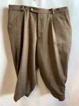 Mens, Suit, Pants, NO LABEL, Brown, Olive Green, Orange, Wool, Plaid, Birds Eye Weave, W 36, Knickers, Zip Fly, Button Tab Closure, 4 Pockets, Suspender Buttons, Velcro Cuffs