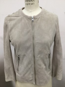 SOIA & KYO, Beige, Suede, Polyester, Solid, Band Collar,  Zip Front, Zip Pockets, Rib Knit Sides