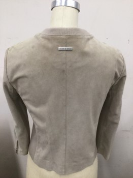 SOIA & KYO, Beige, Suede, Polyester, Solid, Band Collar,  Zip Front, Zip Pockets, Rib Knit Sides