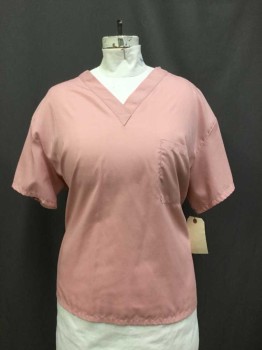 N/L, Dusty Pink, Poly/Cotton, Solid, V-neck, Pocket, Short Sleeve