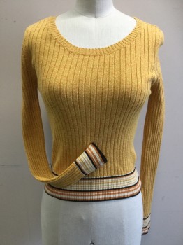 Womens, Pullover, TOP SHOP, Mustard Yellow, Black, Dusty Orange, Cream, Cotton, 2 Color Weave, Stripes - Horizontal , XS, 2, B34, Rib Knit, Long Sleeves, Stripes at Waist and Cuffs