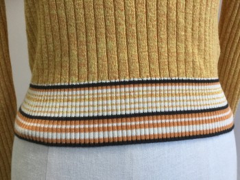 Womens, Pullover, TOP SHOP, Mustard Yellow, Black, Dusty Orange, Cream, Cotton, 2 Color Weave, Stripes - Horizontal , XS, 2, B34, Rib Knit, Long Sleeves, Stripes at Waist and Cuffs