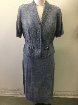 Womens, 1940s Vintage, Suit, Jacket, EDITH MARTIN, Navy Blue, White, Synthetic, 2 Color Weave, W31, B38, Textured, 3 Buttons,  Single Breasted, 2 Hip Bows with Rhinestones, Unlined