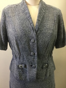 Womens, 1940s Vintage, Suit, Jacket, EDITH MARTIN, Navy Blue, White, Synthetic, 2 Color Weave, W31, B38, Textured, 3 Buttons,  Single Breasted, 2 Hip Bows with Rhinestones, Unlined