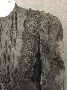 Fox 9, Black, Rayon, Cotton, Floral, Womens Mourning Blouse. Floral Brocade, Narrow Collar Band, Long Sleeves, Lace Trim at Cuff and Waist. Sun Damage at Shoulders,