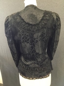 Fox 9, Black, Rayon, Cotton, Floral, Womens Mourning Blouse. Floral Brocade, Narrow Collar Band, Long Sleeves, Lace Trim at Cuff and Waist. Sun Damage at Shoulders,