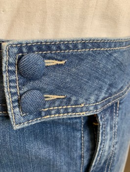 VENEZIA, Denim Blue, Cotton, Spandex, Solid, Mid Wash Denim, Pencil Fit, 2" Wide Yoke/Waistband with Button Tab, 2 Large Denim Covered Buttons, Tan Top Stitching, Zip Fly, 4 Pockets