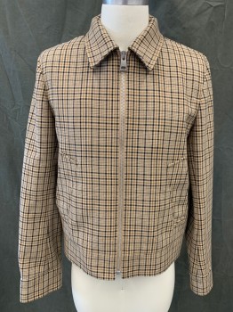 Mens, Casual Jacket, SANDRO, Tan Brown, Lt Brown, Black, Polyester, Cotton, Plaid, M, Zip Front Collar Attached, 2 Pockets, Long Sleeves, Snap Cuff