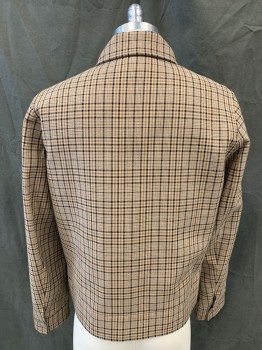 Mens, Casual Jacket, SANDRO, Tan Brown, Lt Brown, Black, Polyester, Cotton, Plaid, M, Zip Front Collar Attached, 2 Pockets, Long Sleeves, Snap Cuff