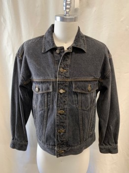 Mens, Jean Jacket, EDDIE BAUER, Faded Black, Cotton, Solid, S/P, Button Front, Collar Attached, 4 Pockets, Long Sleeves, Button Cuff, Button Tabs at Back Waist